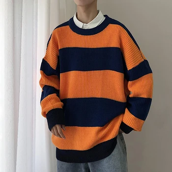 

Winter New Sweater Men Warm Contrast Color Casual O-neck Sweater Pullover Man Streetwear Wild Loose Striped Sweater Male Clothes