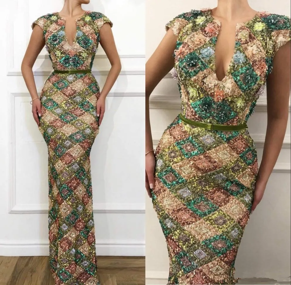 

Long Mermaid Evening Dresses 2019 Elegant Cap Sleeve New Arrival Prom Dress Sequined Arab Women Formal Evening Gowns robe de soi