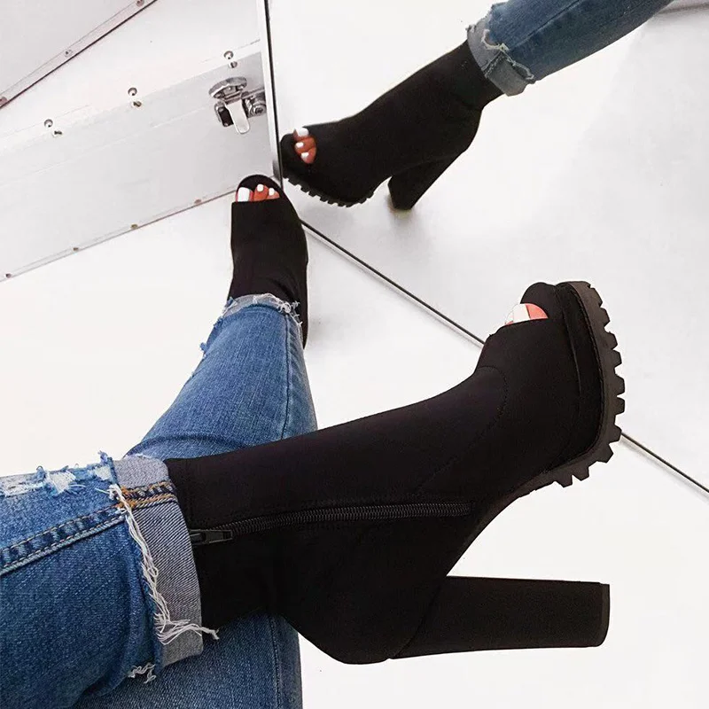 

2020 High Heels Sandals Women Snake Pattern Zip Ankle Boots Autumn Woman Sexy Peep Toe Thick Square Heels Ladies Platform Shoes