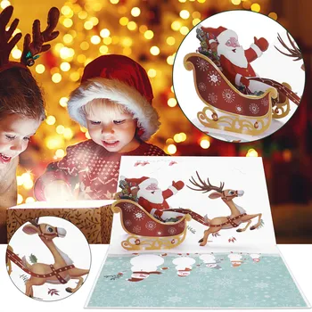 

3D Deer cart Christmas Three-dimensional Greeting Card Holiday Blessing Gift Card Santa Claus Christmas Deer Holiday Greet Card