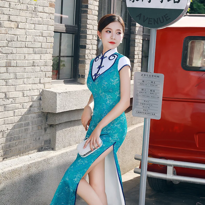 Сексуальное длинное платье Cheongsam на весну и лето в традиционном китайском стиле, женское платье Qipao с разрезом, вечерние платья на пуговицах, Vestido S-5XL