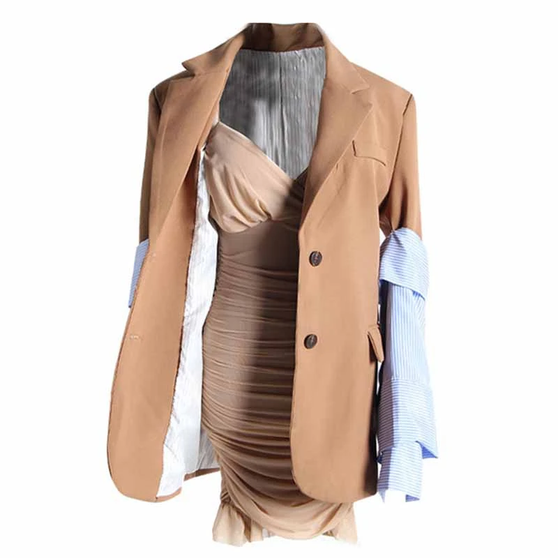 

[YaLee] New Fashion 2019 Summer Autumn Removable Striped Sleeve Button Single Loose Coat Sling Dress Two Pieces Set Women A932