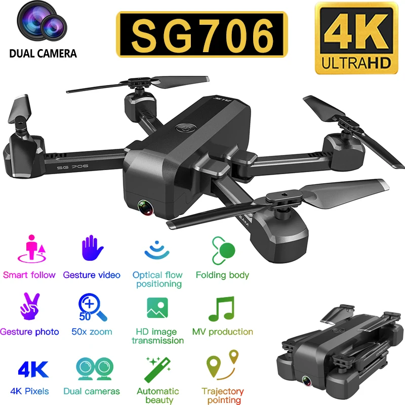 Дрон Квадрокоптер SG706 с двойной камерой 4K 1080P Wi Fi FPV|Радиоуправляемые вертолеты| |