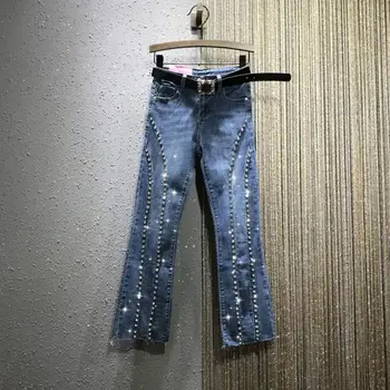 

2020 new fashion heavy work diamond jeans women high-waist elastic slim ankle length flare pants r395