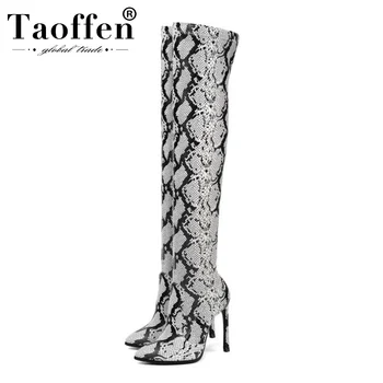 

TAOFFEN 2020 Thin High Heel Sexy Pointed Toe Over Knee Boots Fashion Snakeskin Pu Leather Autumn Winter Women Shoes Size 34-43