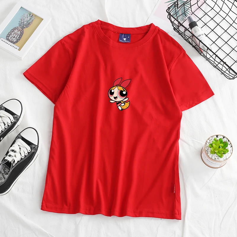 Новинка; Kawaii Powerpuff; футболка для девочек; Топ в стиле Харадзюку; женская модная одежда; футболка с круглым вырезом Новинка; Kawaii Powerpuff; футболка для девочек; Топ в стиле Харадзюку; женская модная одежда; футболка с круглым вырезом