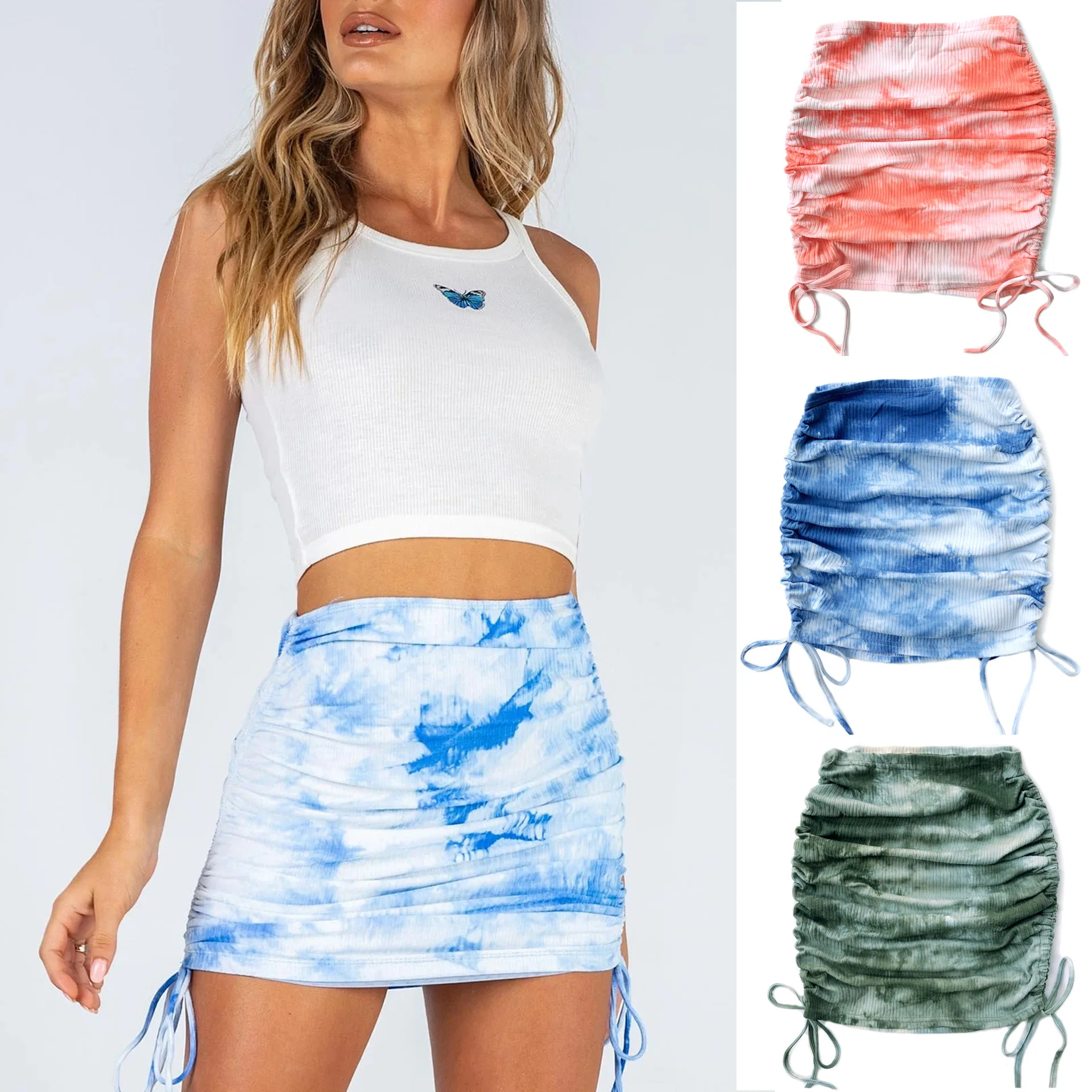 

Summer Tie-Dye Mini Skirts Womens Streetwear with Bowknot Tassels Sheath Dress