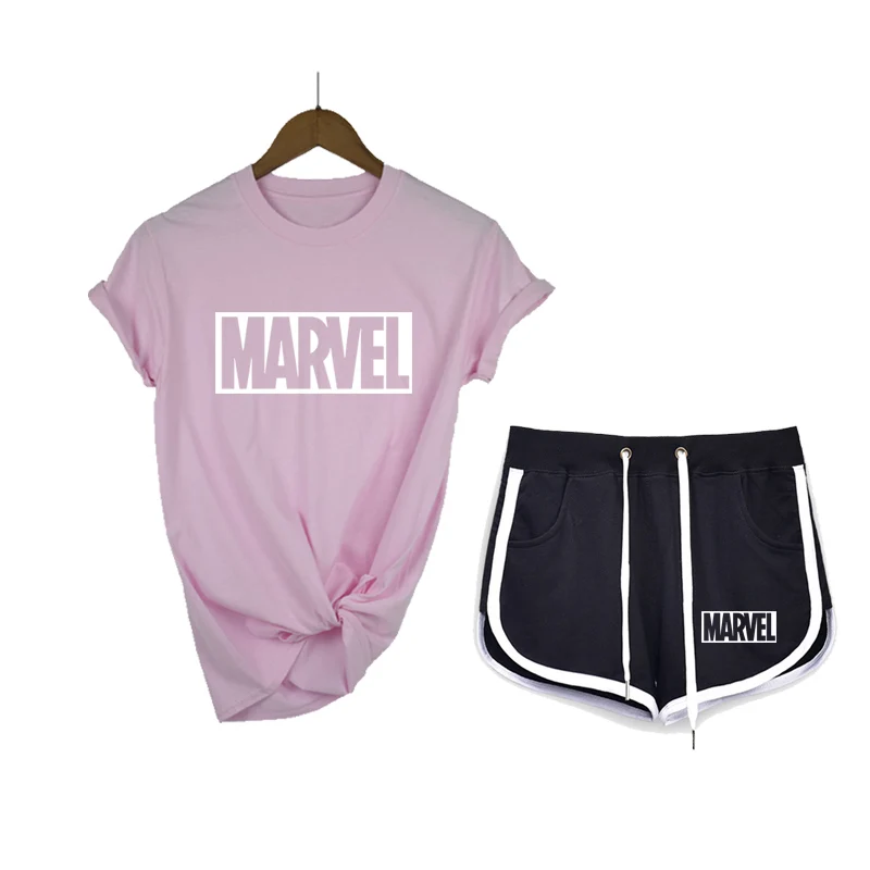 

Summer Beach Style Women 2 Pieces Set MARVEL Letter Print T-shirt + Wide Leg Shorts 2XL Matching Set Tracksuit