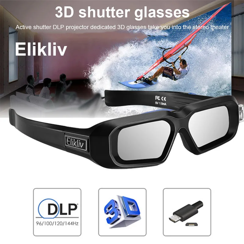 Elikliv AX-30 3D активные очки DLP-Link 96 Гц/144 Гц USB Перезаряжаемый домашний кинотеатр черный для BenQ Dell acer Optama sony