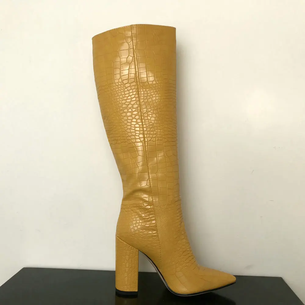 Модные сапоги до колена женские зимние сапоги высокие сапоги на толстом высоком каблуке Демисезонная обувь с круглым носком без застежки женская обувь черного цвета - Цвет: Цвет: желтый