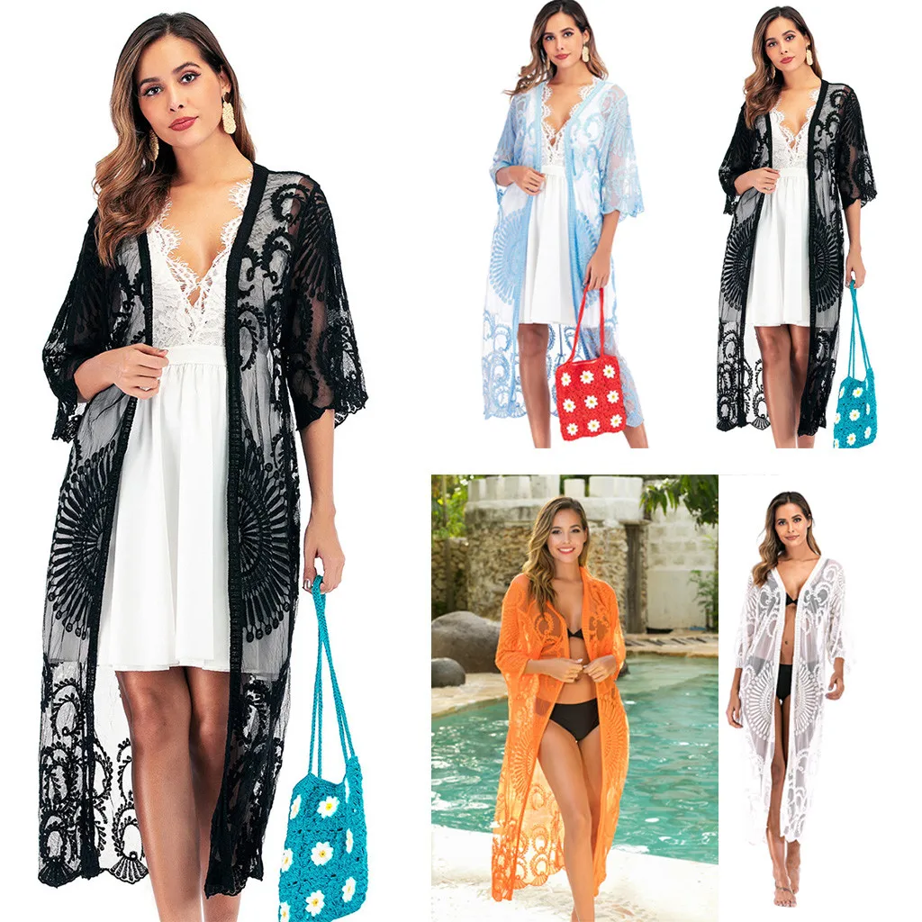Boho Для женщин бахрома кружевное кимоно, кардиган, белый Ленточки Пляжная накидка Топы Блузки damen bluze ванный комплект Cover Up# C