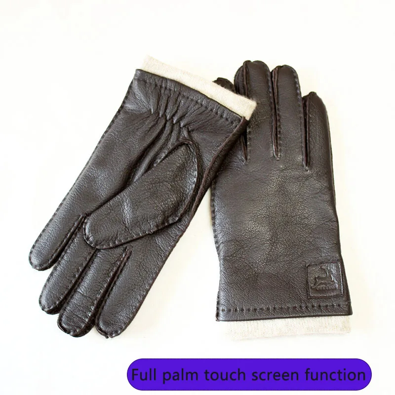 Leather Deerskin Gloves Men's Retro Style Hand-stitched Straight Brown Wool Lining Autumn Warm Finger Gloves