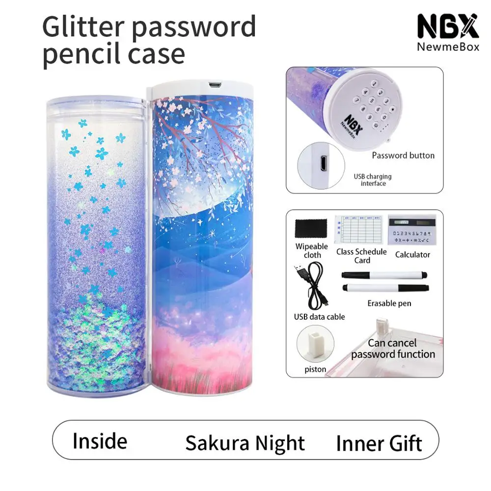 NBX cool quicksand pen box USB charging password does not lose students' favorite glitter stationery   hard pencil bags