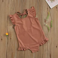 Toddlers Baby Summer Swimwear, Solid Color O-Neck Ruffle Sleeve Lacing Backless Swimsuit for Little Girls, 1-6 Years 5