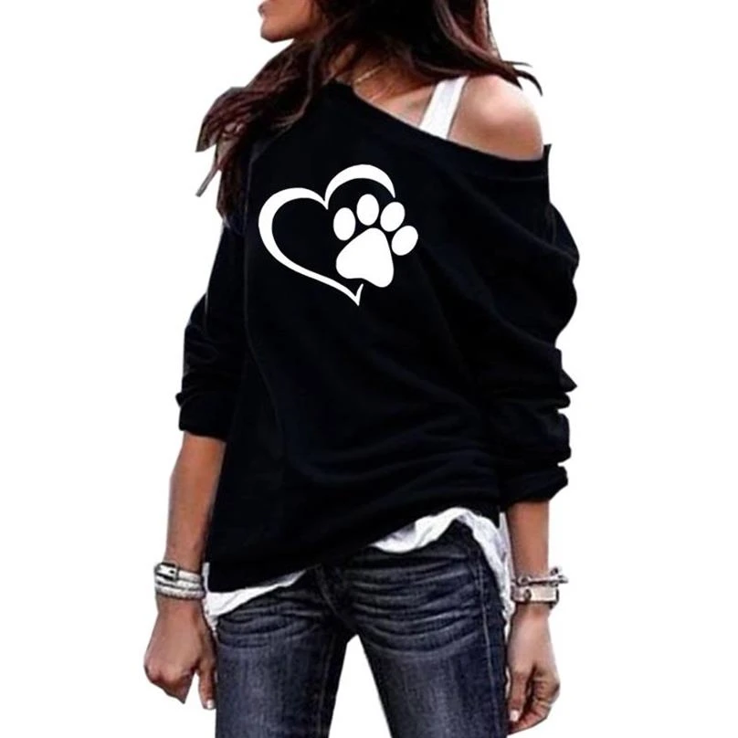  Hoodies For Women Round Neck Shoulder Hoodies DOG PAW Letters Print Sweatshirts Kawaii Women Tops F