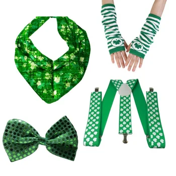 

4pcs Irish Set Irish Gloves Strap Square Bow Tie Four-Piece Clover Irish Festival Striped Gloves