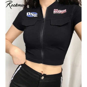 

Rockmore Punk Women Jackets With Letter Zipper Pockets Femme Short Sleeve Outwear Moto Biker Skinny Crop Coats Streetwear Summer