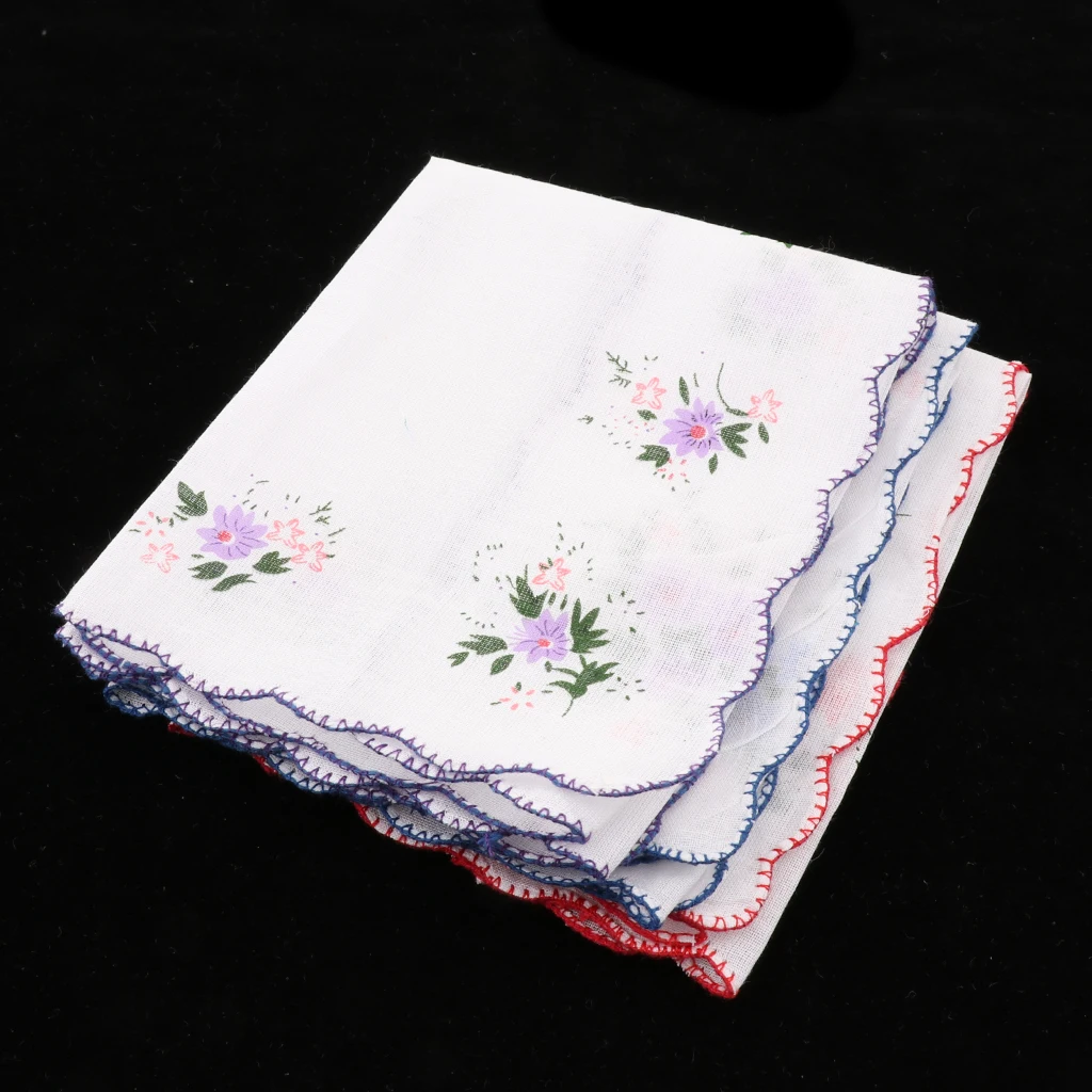3 Pack Flower Embroidered Handkerchief Women 100% Cotton Square Pocket Hanky Girls Cute Wavy Edge Kerchiefs Hankie