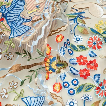 

LASUI 1 yard 2019 NEW TOP Multicolor animal flower embroidery lace Black mesh apparel fabric DIY dress skirt X0603