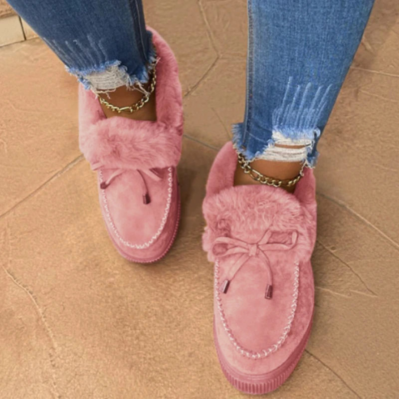 New Women Winter Cotton Shoes Ladies Bowknot Plush Warm Snow Boots Casual Solid Color Flat Short Boots Furry Females Feetwear