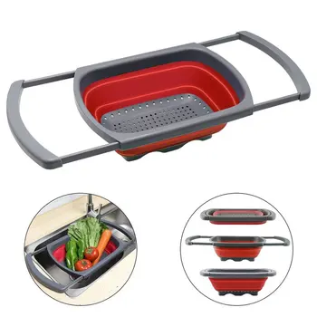 

Kitchen Basket Collapsible Colander Silicone Folding Strainer Over The Sink Vegetable/Fruit Colanders with Extendable Handles