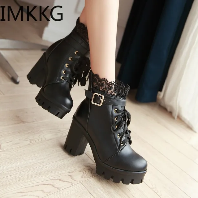 Women's Motorcycle Boots Leather Winter ladies Boot 2019 Stylish Lady Lace Ankle Shoes High Heel Platforms Sexy Botas Buckle 3