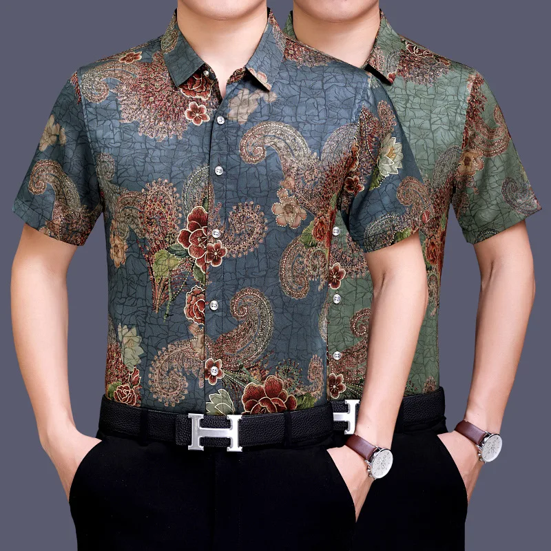 

C-5806 Creative 3d flower pattern fashion slim short sleeve shirt Summer New quality soft smooth icy cool luxury men shirt M-3XL