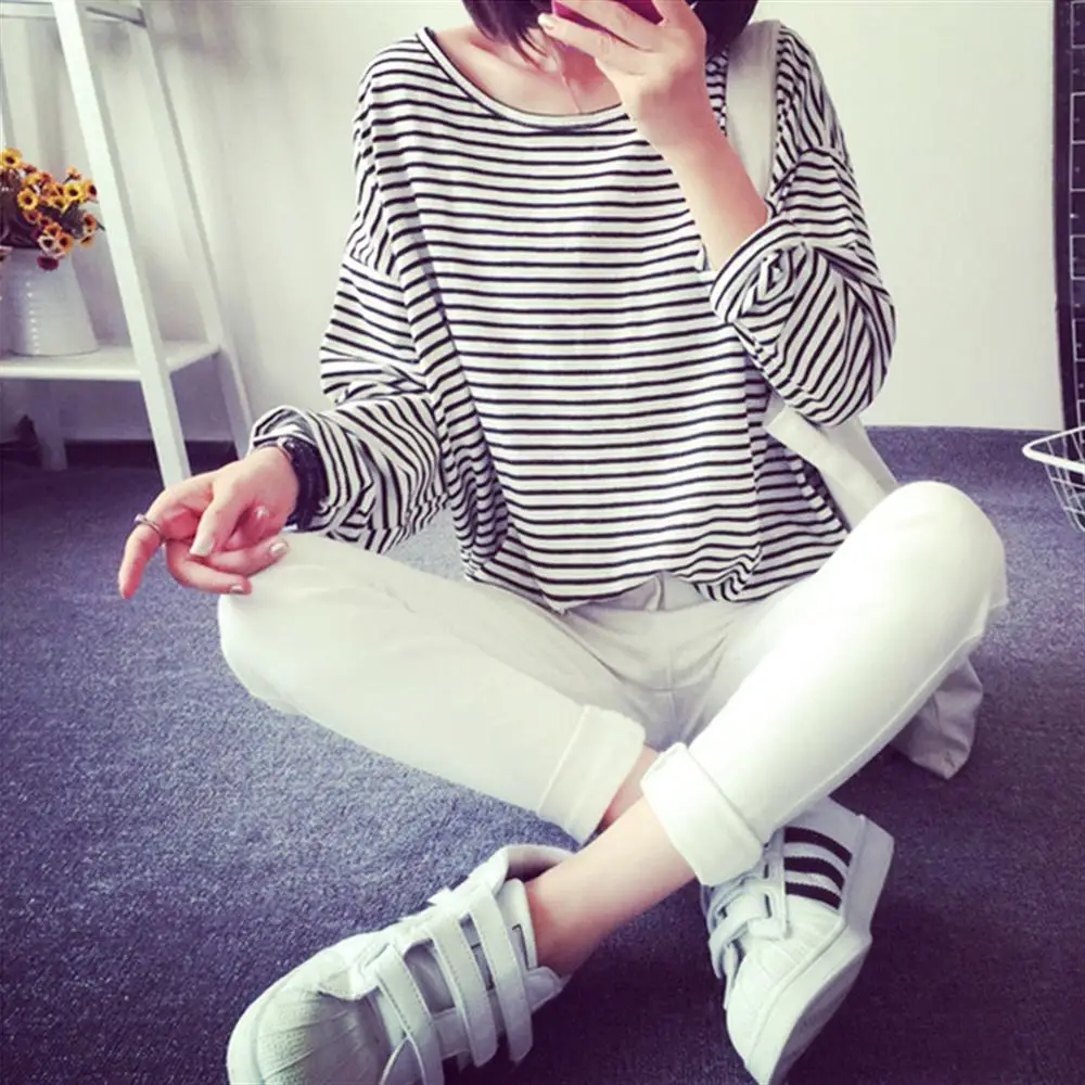 

Cotton T-shirt Women 2019 New Autumn Long Sleeve O-Neck Striped Ladies T Shirt White Casual Basic Classic Tops Multi Colors