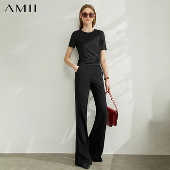 

AMII Minimalism Spring Summer New Drawstring Black Tshirt Tops Elastic Waist Caual Long Pants 12030237