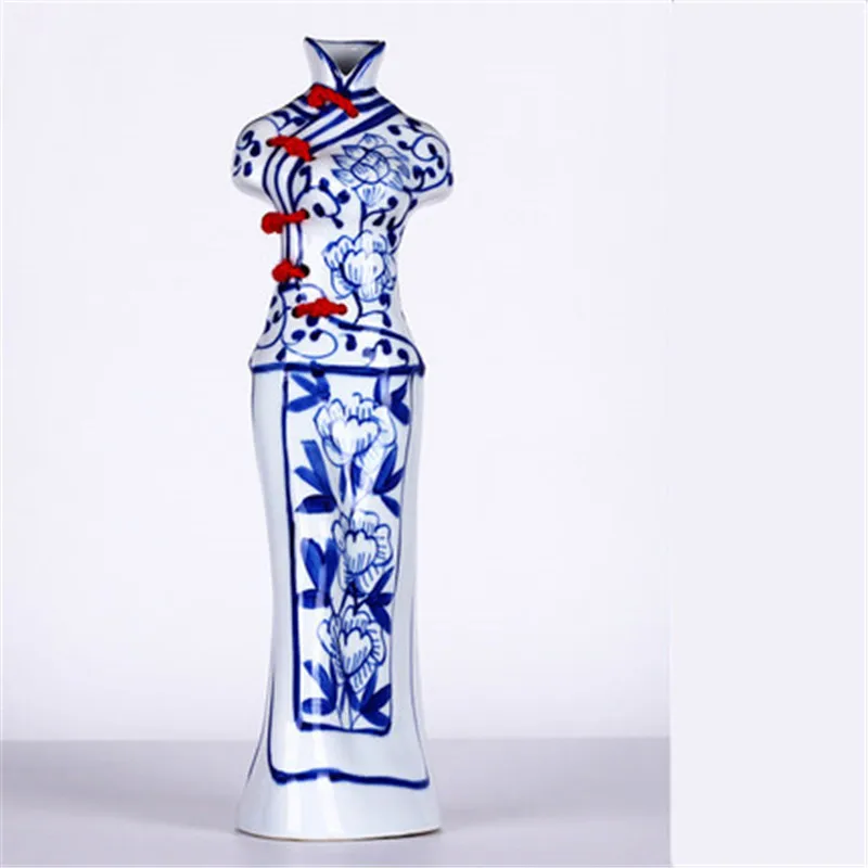 Chinese Style Freehand Sketching Blue And White Porcelain Cheongsam Ceramics Vase Creative Living Room Entryway Ornaments x2599