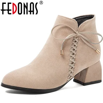 

FEDONAS Sweet Ankle Boots For Women Butterfly Knot Suede Leather High Heels Boots Boots Female Wedding Office Lady Shoes Woman