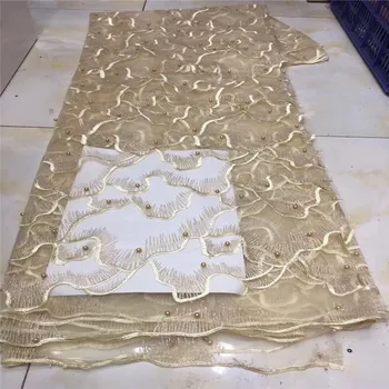 

New gold African Lace Fabric Embroidered Nigerian Guipure for Wedding High Quality 2019 French Tulle Lace Fabric with Beads