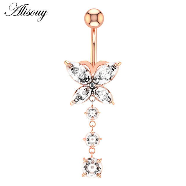 1pc Flower Heart Dangled Belly Navel Piercing Button Ring 14G Stainless Steel CZ Crystal Opal Ombligo Woman Body Jewelry