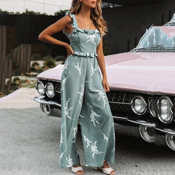 

2020 summer jumpsuit women sleeveless ruffles casual romper ropa mujer print ladies elegant jumpsuits overalls female clothes