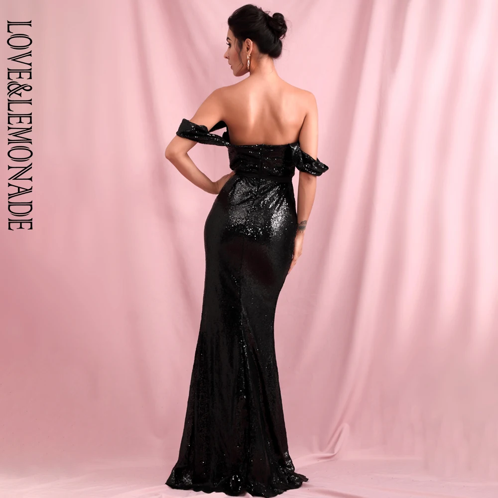 LOVE&LEMONADE, сексуальный топ-труба, с открытыми плечами, с рукавами, черные, с блестками, с разрезом, рыбий хвост, вечерние платья макси, LM82061