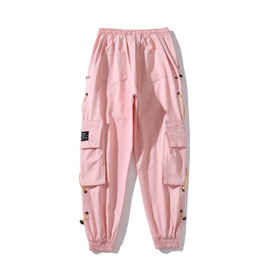Хип-хоп джоггеры брюки для мужчин мода уличная розовый карго шаровары штаны с эластичной резинкой на талии ленты дизайн брюки для мужчин WG435