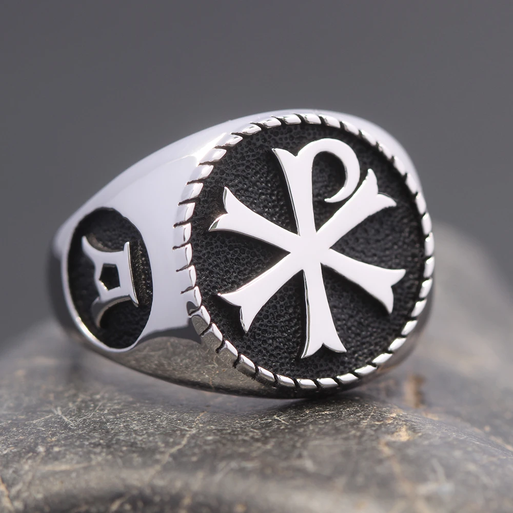 Anello In Argento Sterling Vintage Alpha Omega Chi Rho Px
