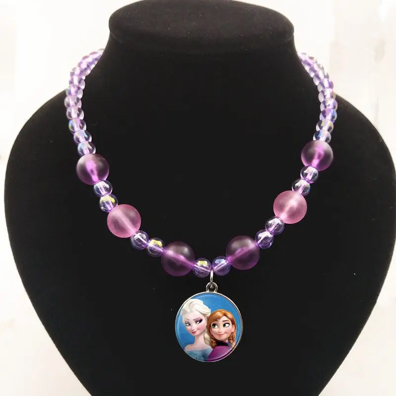 purple 2 Crystal Cabochon Princess Elsa Anna Snow Queen Pendant Necklace For Girls Cartoon Dolls Bead Necklace For Kid's Birthday Gift - Metal Color: purple 2