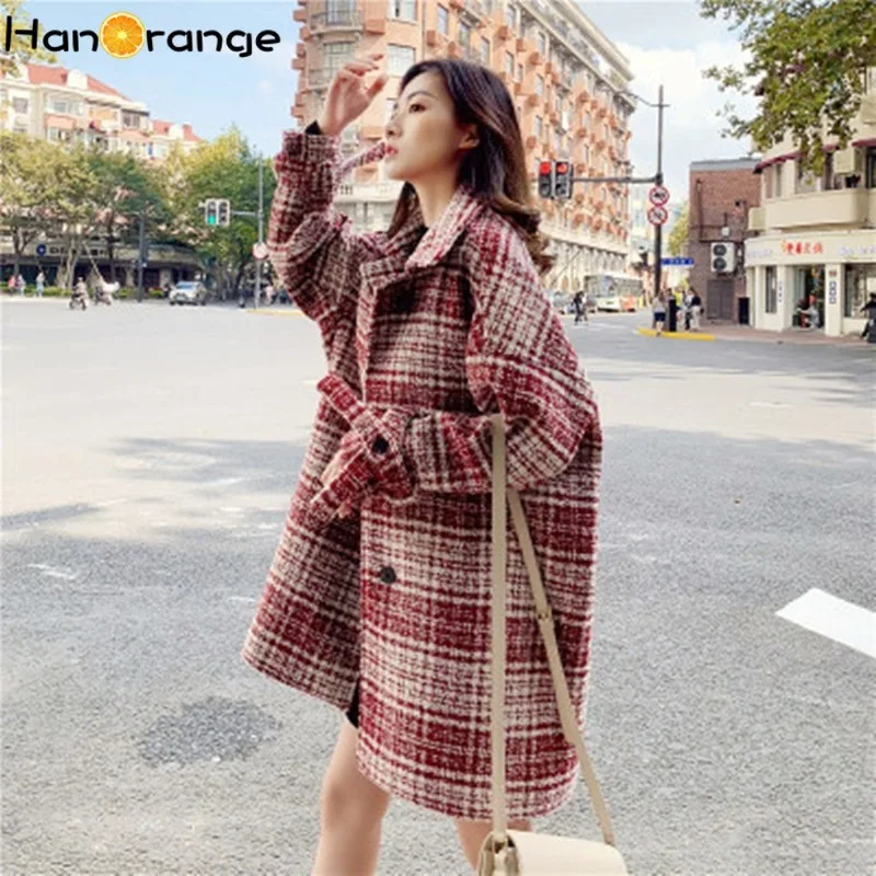 

Winter Female Coarse Tweed Coat Long Loose Cocoon Plaid Woolen Overcoat