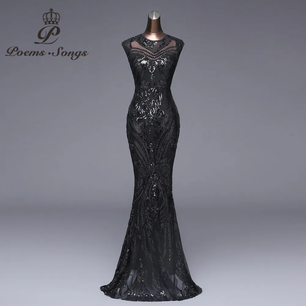 Poems songs Elegant Long black Sequin Evening Dress vestido de festa robe longue prom gowns Formal Party dress reflective dress