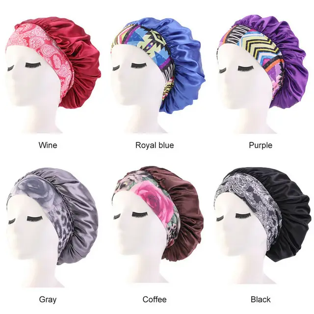 Women Satin Night Beauty Salon Sleep Cap Cover Hair Bonnet Hat Silk Head Wide Elastic Band For Curly Springy Hair Chemo Cap 2