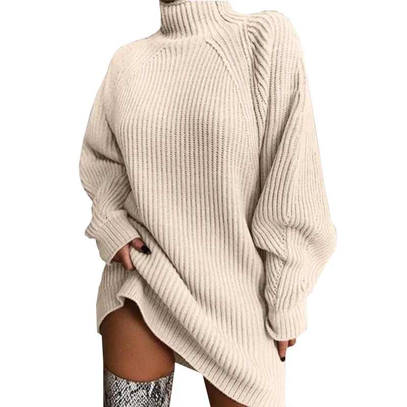 Women Turtleneck Sweater Dresses Autumn Solid Loose Knitted Dress Elegant Long Sleeve Oversized Winter Female Mini Sweater Dress