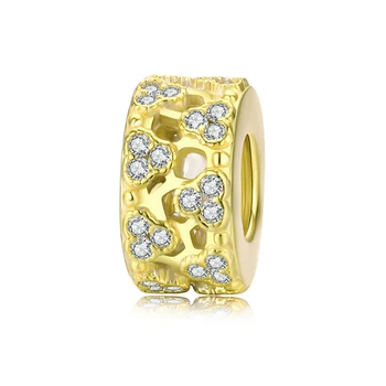 

Genuine 925 Sterling Silver Gold Color Hive Design Charm Beads Clear Cubic Zirconia Fashion Jewelry Bijoux TDD1409