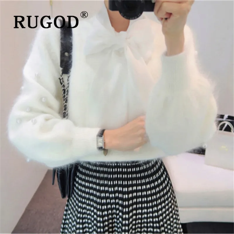 RUGOD, корейский стиль, стиль, жемчужный бант, свитера для женщин, латерн рукав, Элегантные Бархатные Топы, Женская мода