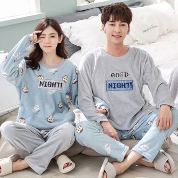 

2 piece 2020autumn winter women Men cute cartoon pajamas Female home warm sets fleece clothes fleece nightwear pyjamas woman