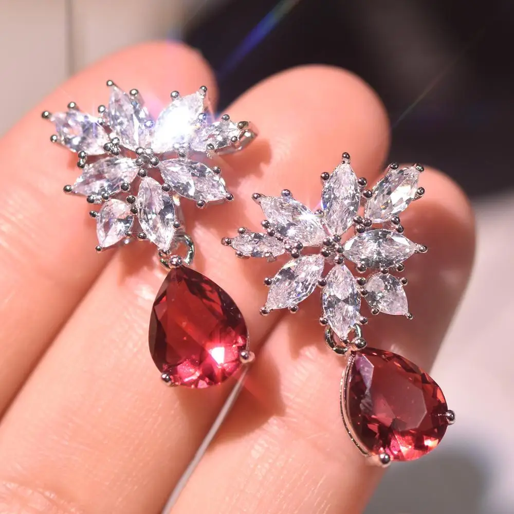 

Women Delicate Elegant Zircon Silver Ear Stud Dangle Earrings Water Drop Shine Bride Wedding Engagement Jewelry Anniversary Gift