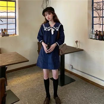 

Japanese College Style Dress Harajuku Sweet Sailor Collar Cute Bow Three Quarter Sleeve Dress Vintage Corduroy Kawaii Dress