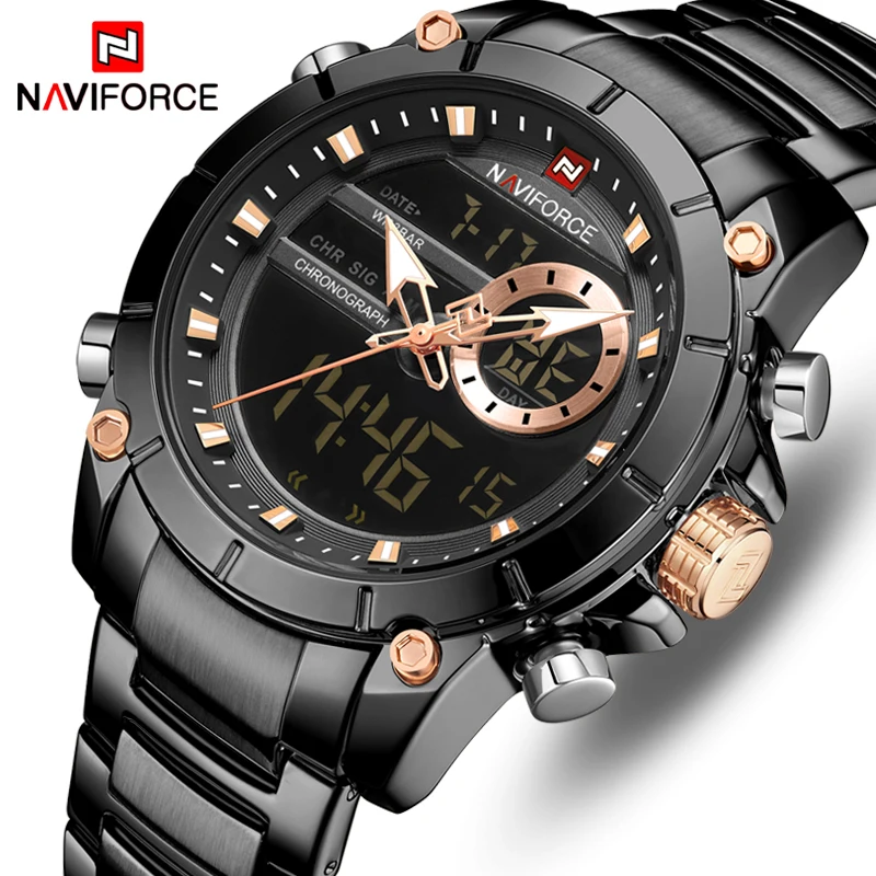 NAVIFORCE часы лучший бренд Мода черный двойной дисплей мужские часы из нержавеющей стали Роскошные деловые водонепроницаемые мужские наручные часы s