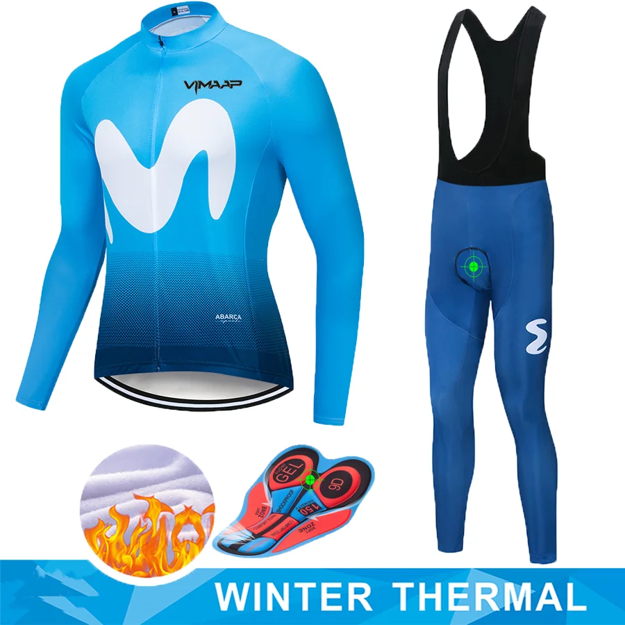 

2019 Hot Movistar Winter Thermal Fleece Cycling Jersey Long Sleeve Jerseys Cycling Bib Pants Set Bike Bicycle Cycling Clothes