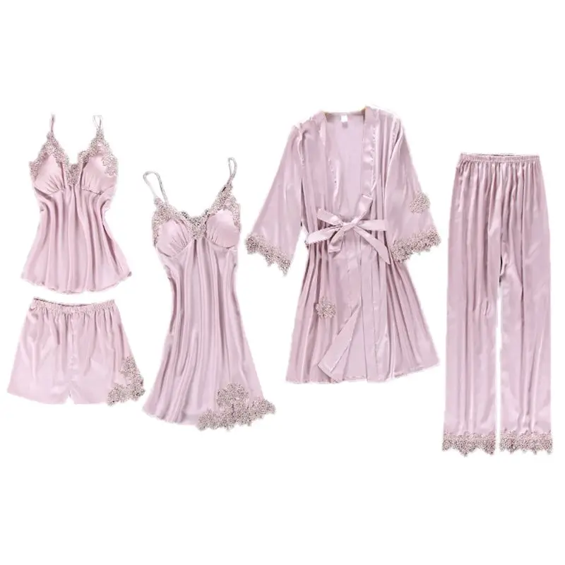 

5Pcs Suit Pajamas Set Ladies Imitation Silk Embroidered Floral Lace Applique Trim Solid Color Sleepwear Push Up Padded Nightgown